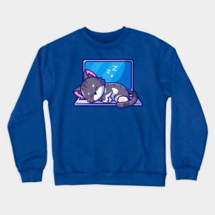 Cute Cat Sleeping On Laptop Cartoon Crewneck Sweatshirt